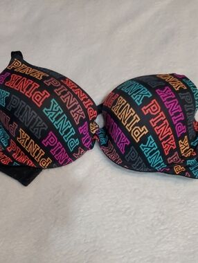 PINK Victoria's Secret Black Multicolor Logo Push-Up Bra Sz. 34DD